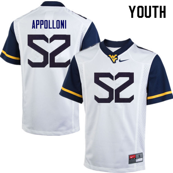 Youth #52 Emilio Appolloni West Virginia Mountaineers College Football Jerseys Sale-White - Click Image to Close